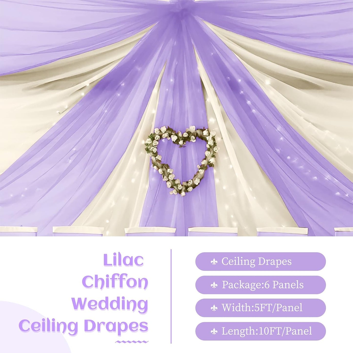 6 Panels Lilac Wedding Ceiling Drapes 5ftx10ft Ceiling Drapes Chiffon Fabric Arch Draping Sheer Curtains Soft Drapery Draping Wedding Ceiling Decorations for Party Ceremony Stage Swag