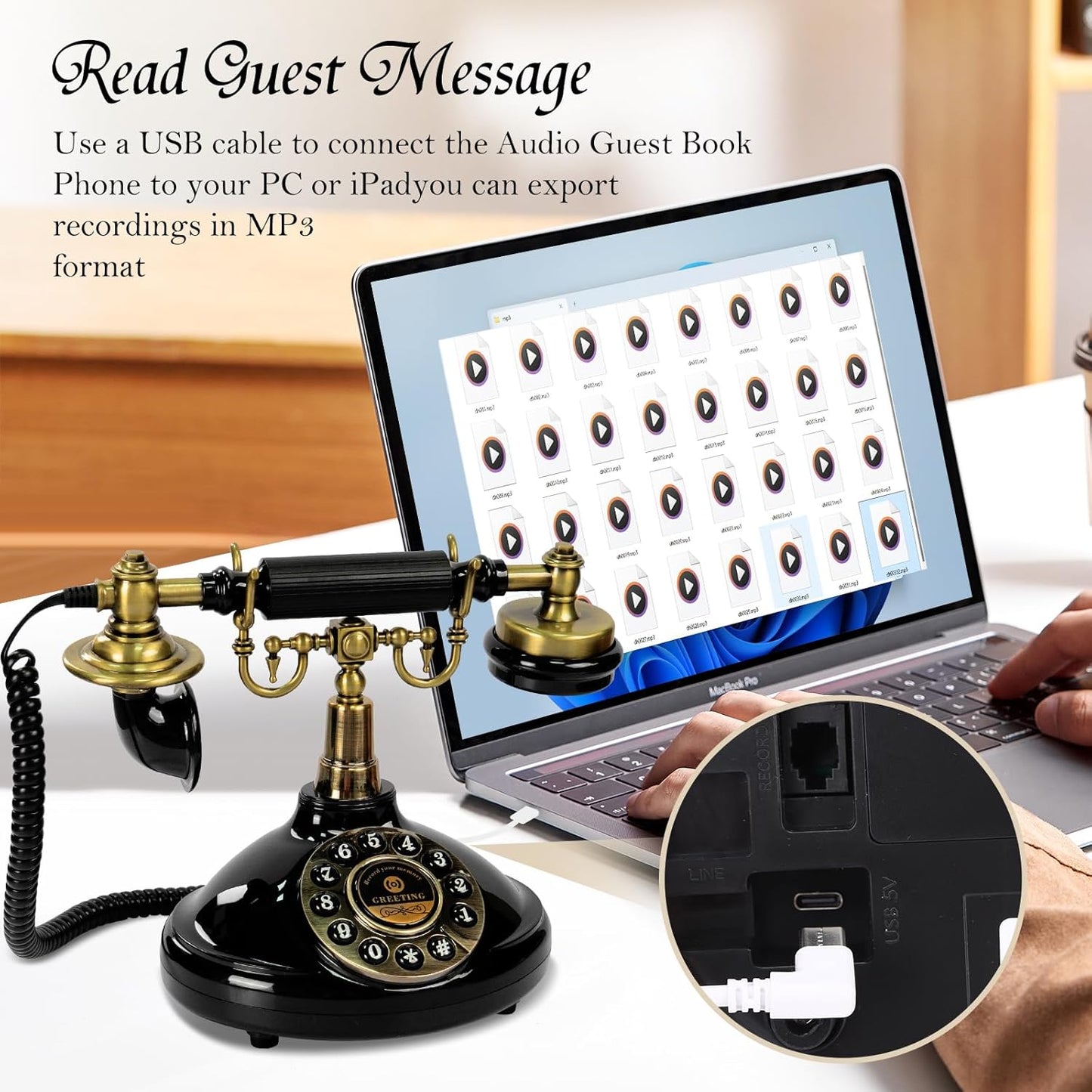 Audio Guest Book Wedding Phone,Audio Guestbook Phone Vintage Style Audio Message Voicemail for Graduation Retirement Party Birthdays Baby Shower Special Occasions (Black)