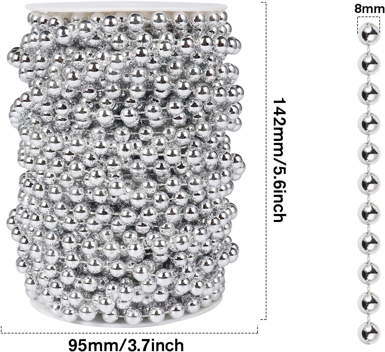 [66 Feet] Silver Pearl Beads Garland, 8MM 22 Yards Silver Faux Pearl Beads String Roll Bulk for DIY Craft Christmas Tree Wedding Party Decoration