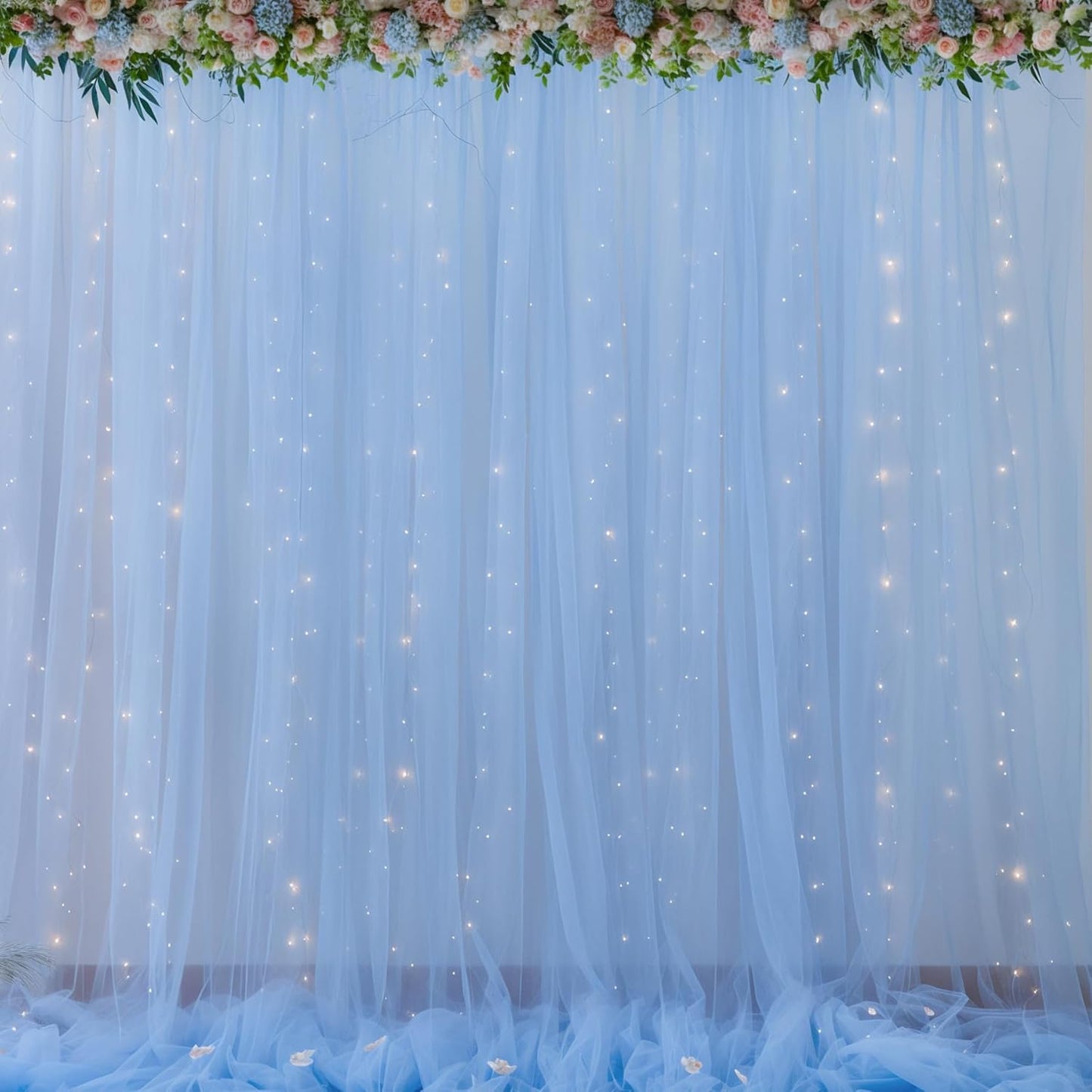 20x10ft Baby Blue Tulle Backdrop Curtains with Lights for Party Wedding Baby Shower, Sheer Wrinkle Free Backdrop Curtains for Birthday Party Photo Booth Background Decoration