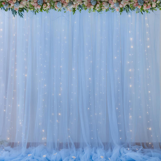 20x8ft Baby Blue Tulle Backdrop Curtains with Lights for Party Wedding Baby Shower, Sheer Drape Backdrop Curtains for Birthday Party Photo Booth Background Decoration