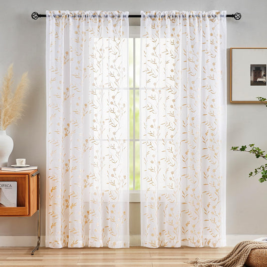 Sheer Curtains White-Beige 95 Inches, Embroidery Floral Pattern Window Treatments Rod Pocket Drapes for Living room, Bedroom, Semi Voile Curtain Panels for Patio, Villa, Parlor, Set of 2, 52"x 95".