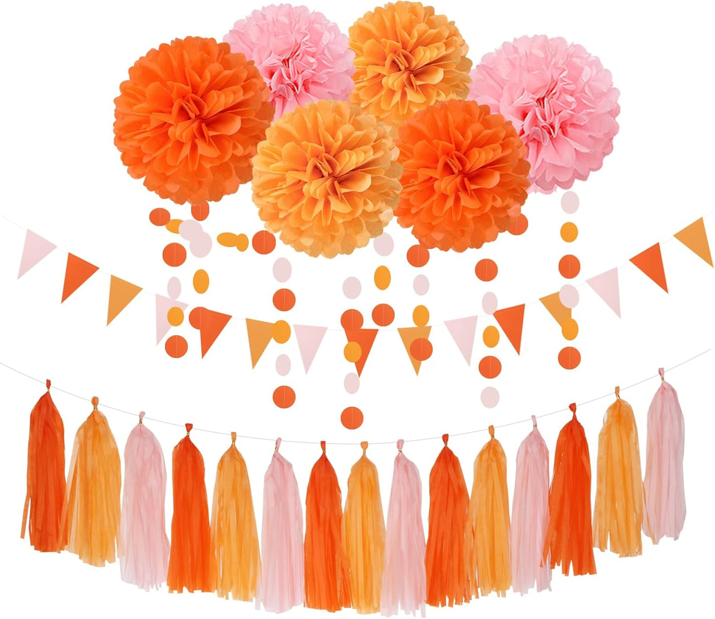 Pink-Orange Groovy Party-Decorations Pom-Poms Streamers - 23pcs Fall Autumn Thanksgiving Harvest Tissue Tassel Garland Banner,Birthday Baby Bridal Shower Engagement Wedding Decor Lasting Surprise