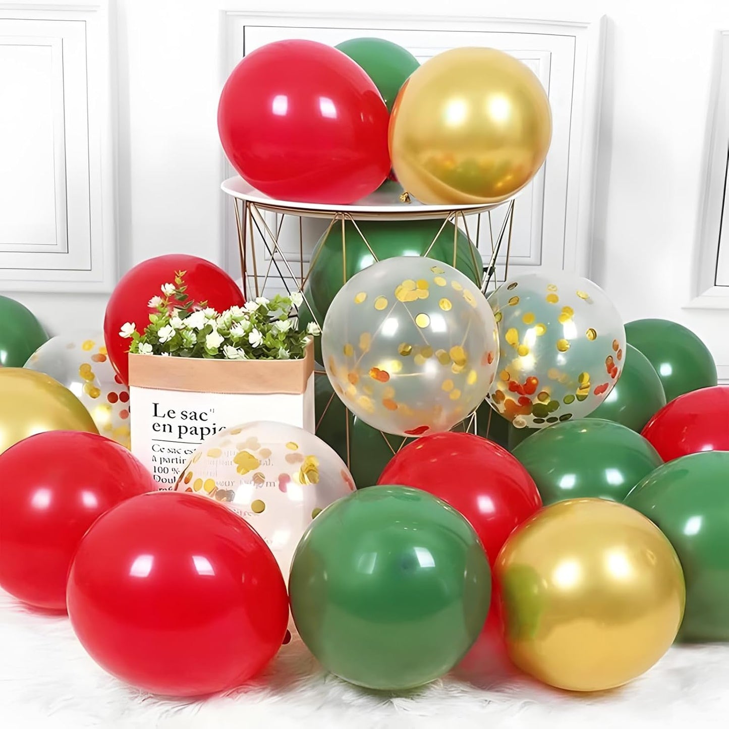 Christmas Red Green Gold Balloons Set, 60Pcs 12 Inch Red Green White Metallic Gold Confetti Latex Balloon Kit for Christmas Grinch Birthday Party Decorations