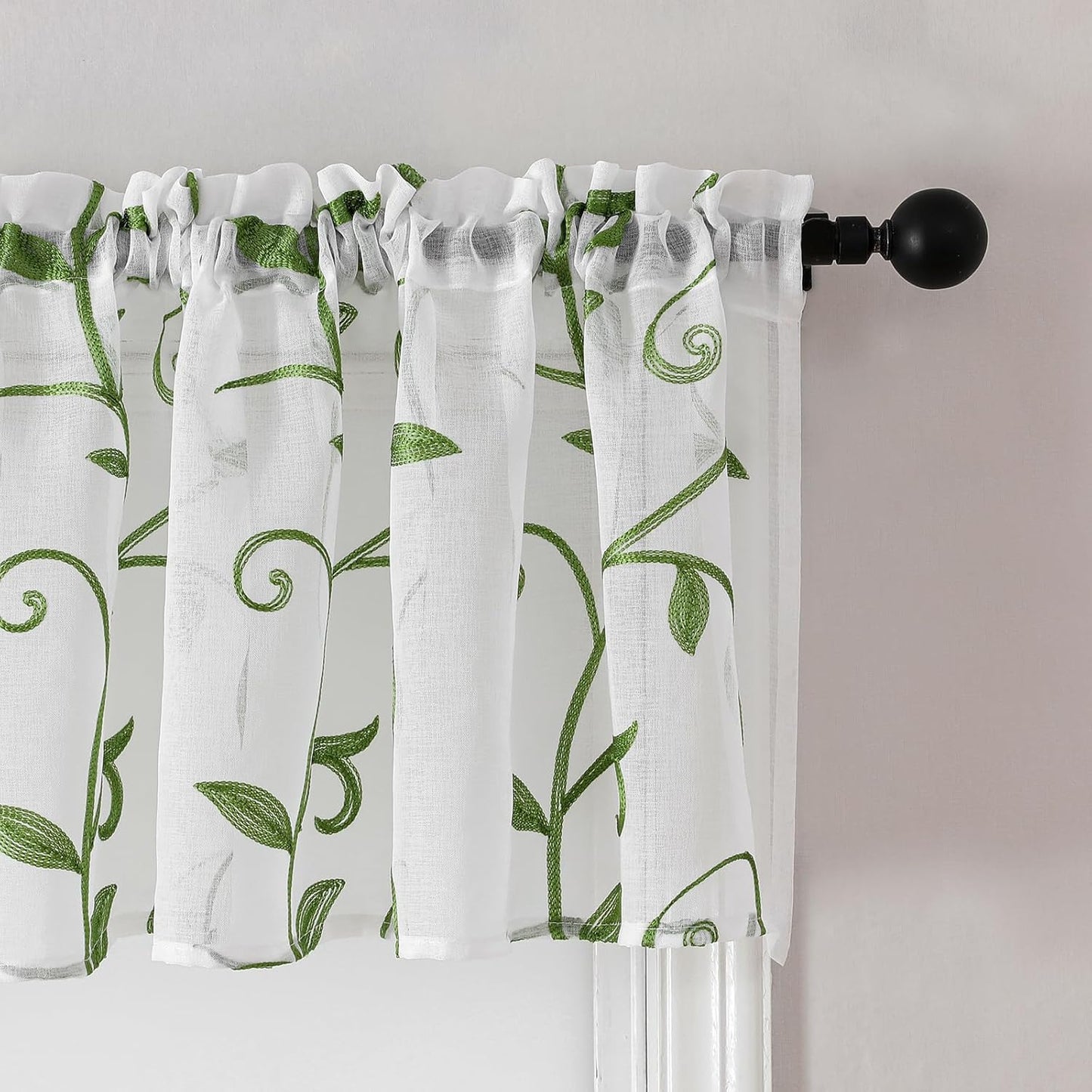 VISIONTEX Sheer Voile Curtain Valances, Decorative Leaves Embroidered, Rod Pocket Window Treatment for Kitchen/Rustic Bedroom/Living Room (54 x 16 Inch,1 Panel)