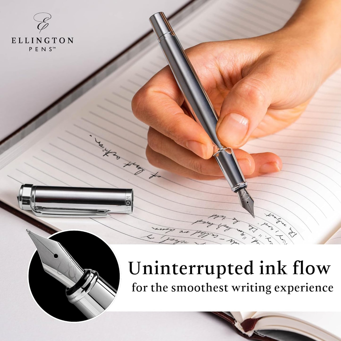 Ellington Pens Luxury Fountain Pen Set- Fountain Pens for Writing - Smooth Fine Nib - Includes Refillable Ink Converter, 3 Ink Cartridges [Black & Blue], Gift Box - Elegant Calligraphy