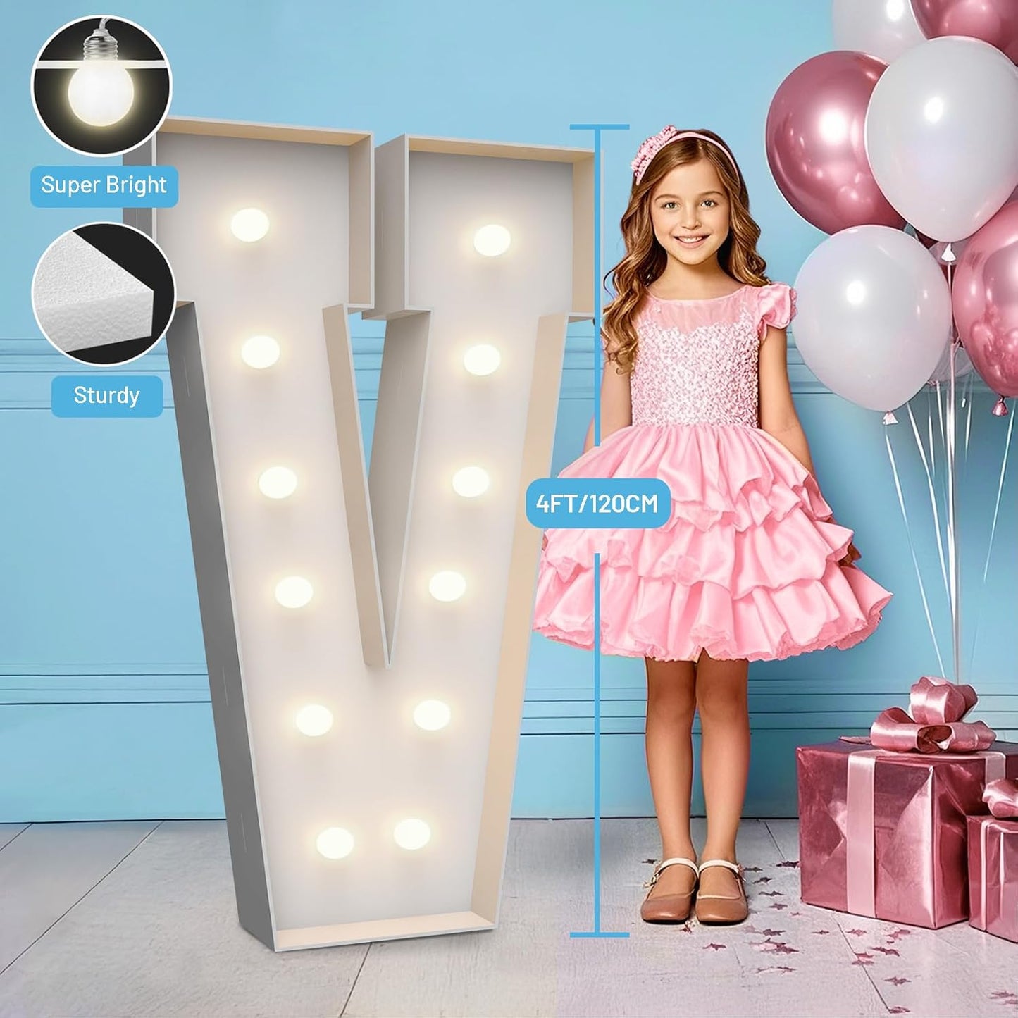 4FT Marquee Light Up Letters V,Party Decoration Large Marquee Light Up Letters with Weighted Water Bag,Pre-cut Foam Board Set Can Be Used for Birthdays,Weddings,Baby Anniversaries