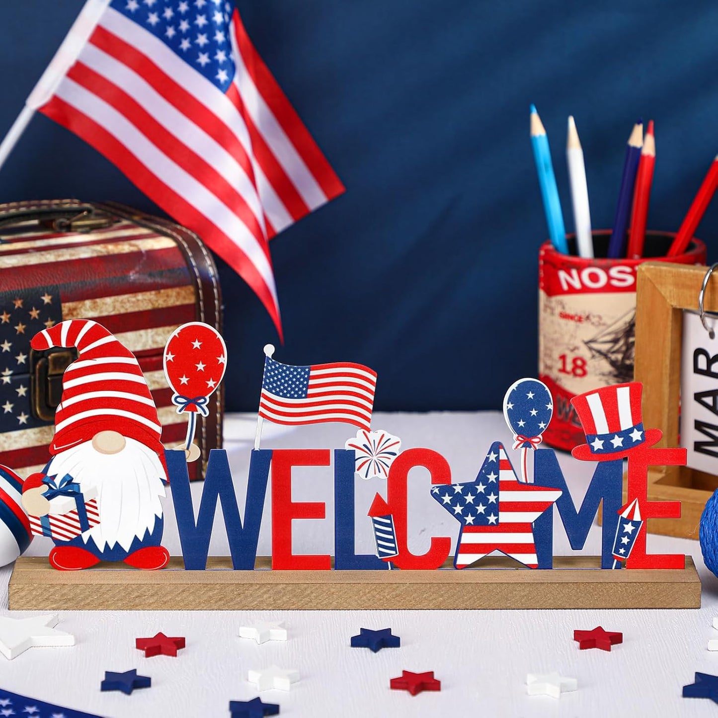Patriotic/ 4th of July Metal Sign Rustic Table Decor Holiday Tiered Tray Decor with Wooden Base Freestanding Metal Word Sign for Home Tabletop Centerpiece Mantel Shelf Fireplace