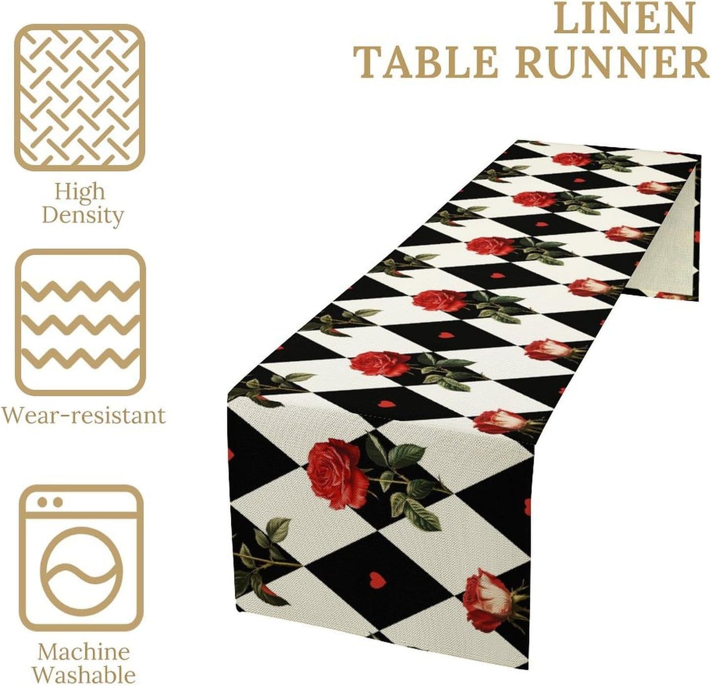 Vintage Rose Table Runner, Red Rose Hearts Black White Checkered Background Table Runner for Kitchen Dinning Table Runner Decor Home Wedding Party Holiday, 13x60 Inch