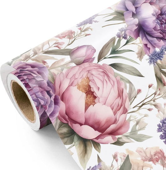 WRAPAHOLIC Floral Wrapping Paper Roll - Mini Roll - 17 Inch x 33 Feet - Purple Flower Wrapping Paper, Perfect for Girls Women Birthday, Wedding, Bridal Shower