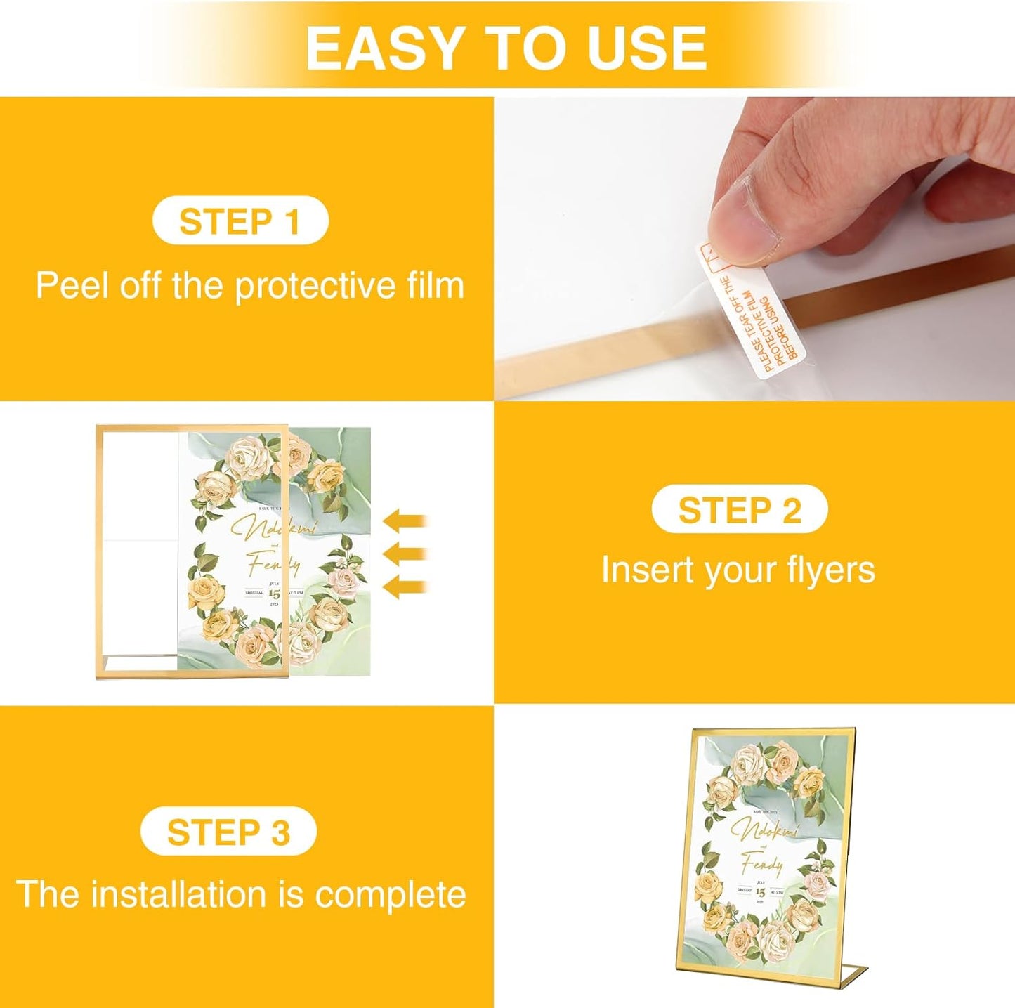 EHWINE 12 Pack 5 x 7 Acrylic Sign Holder, Clear Plastic Signs Display Stand, Gold Slanted Back Paper Holder Stand up Table Top Sign Holders Flyer Stand Frames Suitable for Office Business Store