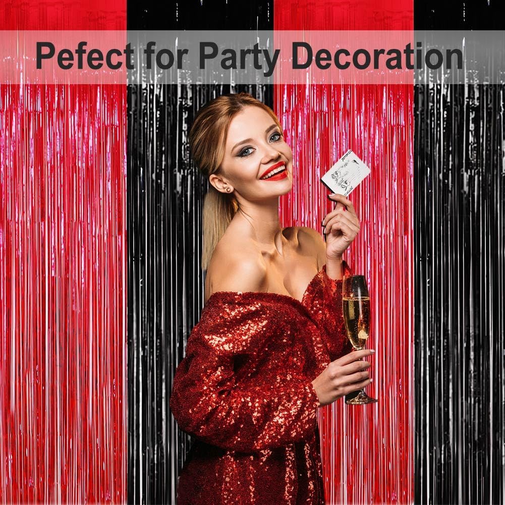 Red and Black Party Decorations- 4 Pack of 3.2x8.2ft Foil Fringe Curtains for 2025 Graduation Party Decorations Birthday Backdrop Decorations