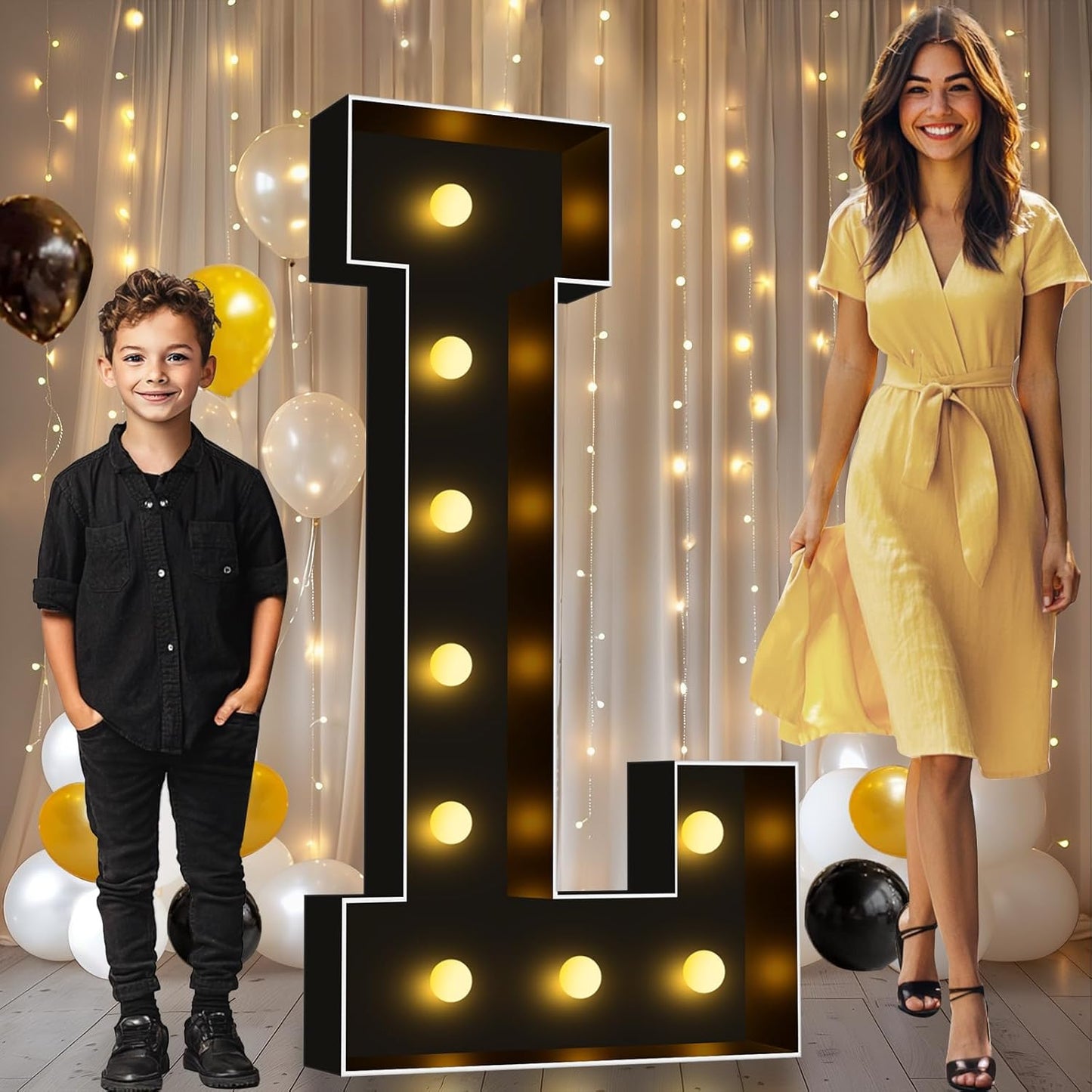 Pooqla 4 FT Marquee Light Up Letters, Black Marquee Letter Lights 4 Feet Tall for Birthday Decoration, Big Mosaic Letters Sign for Balloons Party Anniversary Wedding Decorations, Giant Warm White L