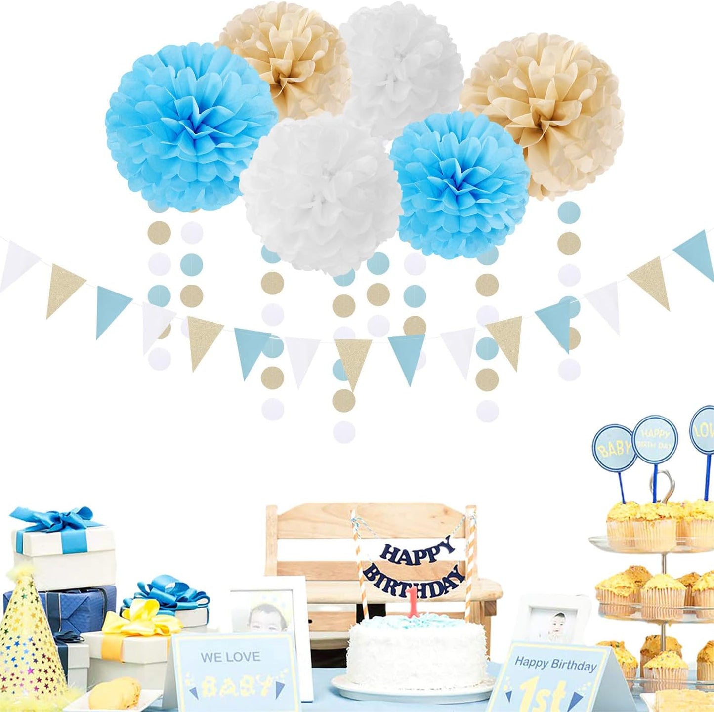Light-Blue White Boho Champagne-Gold Party-Decorations - 23pcs Boy Birthday Baby Shower Paper Tissue Pom Poms Streamers,Tassel Garland Banner,Bachelorette Bridal Wedding Dusty Decor Lasting Surprise