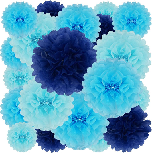 Tissue Paper Pom Poms, Blue Tissue Paper Flowers, Hanging Flower Balls for Weddings Fiesta Parties Birthday Baby Showers Classroom Bridal Shower Decoration (18Piece Set-6/10/12/14Inch)