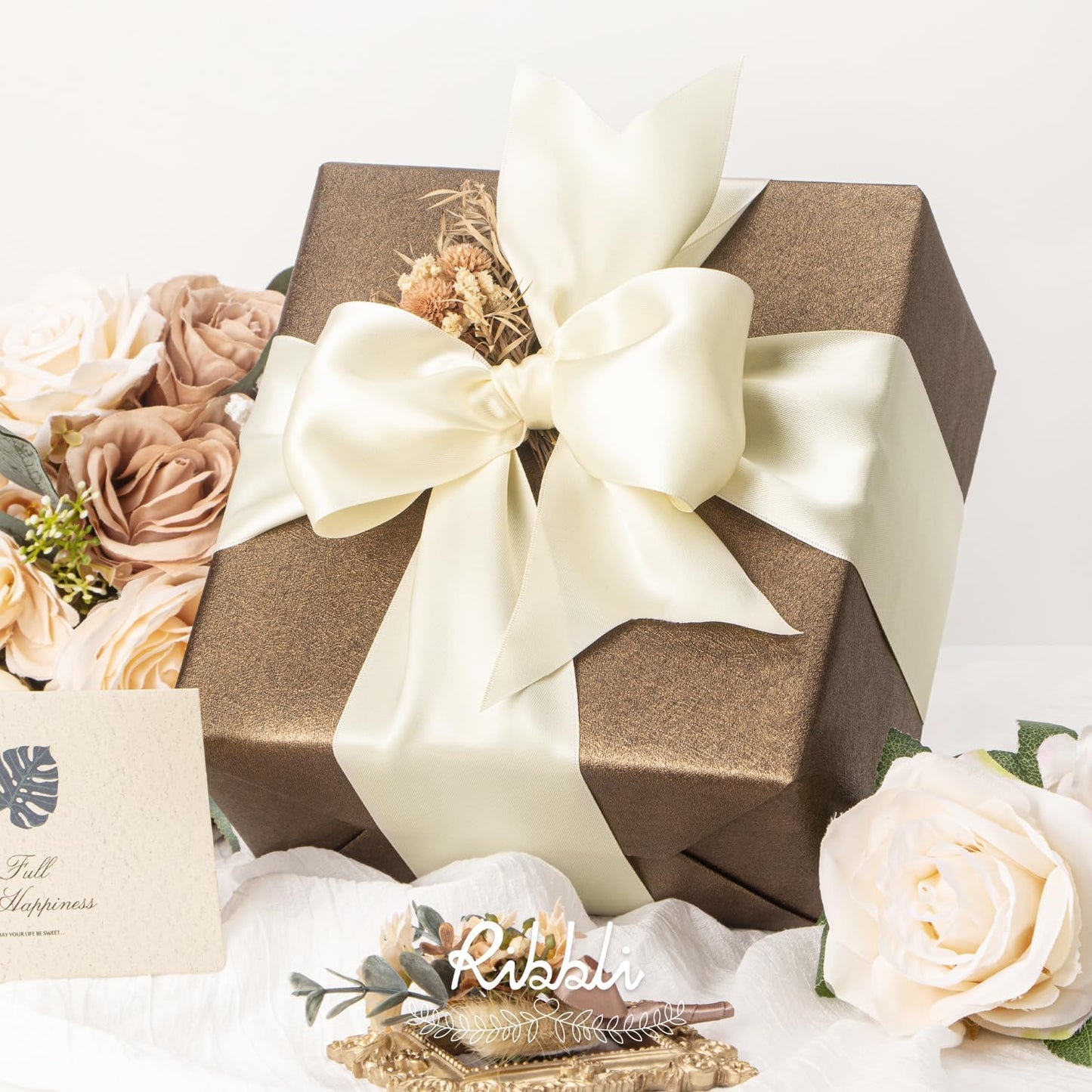 Ribbli Ivory Double Faced Satin Ribbon, 3” x Continuous 10 Yards,Use for Bows Bouquet,Gift Wrapping,Floral Arrangement,Wedding Decoration