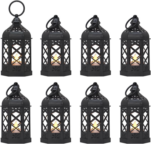 LLQ (8Pack-5Inch) Mini Lantern with Flickering LED Candle for Table Centerpiece, Black Halloween Decorations, Small Hanging Decorative Lantern for Wedding Christmas, Fall Garden Party Decor for Home