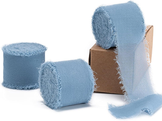 Dusty Blue Handmade Chiffon Ribbon,1.5Inch x 3 Rolls Total 24 Yards Dusty Blue Fringe Chiffon Silk Ribbon,for Wrapping Wedding Invitations,Bridal Bouquets,DIY Crafts,Home Decor and More