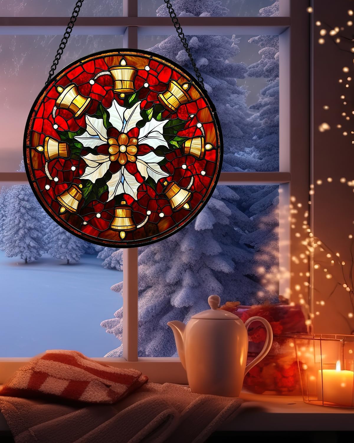 Stained Glass Window Hanging - Golden Bells Flowers Suncatcher for Doors Home Christmas Decoration Winter Sun Catcher Thanksgiving New Year Birthday Gift for Friend Women Men Mom Nana 15 in