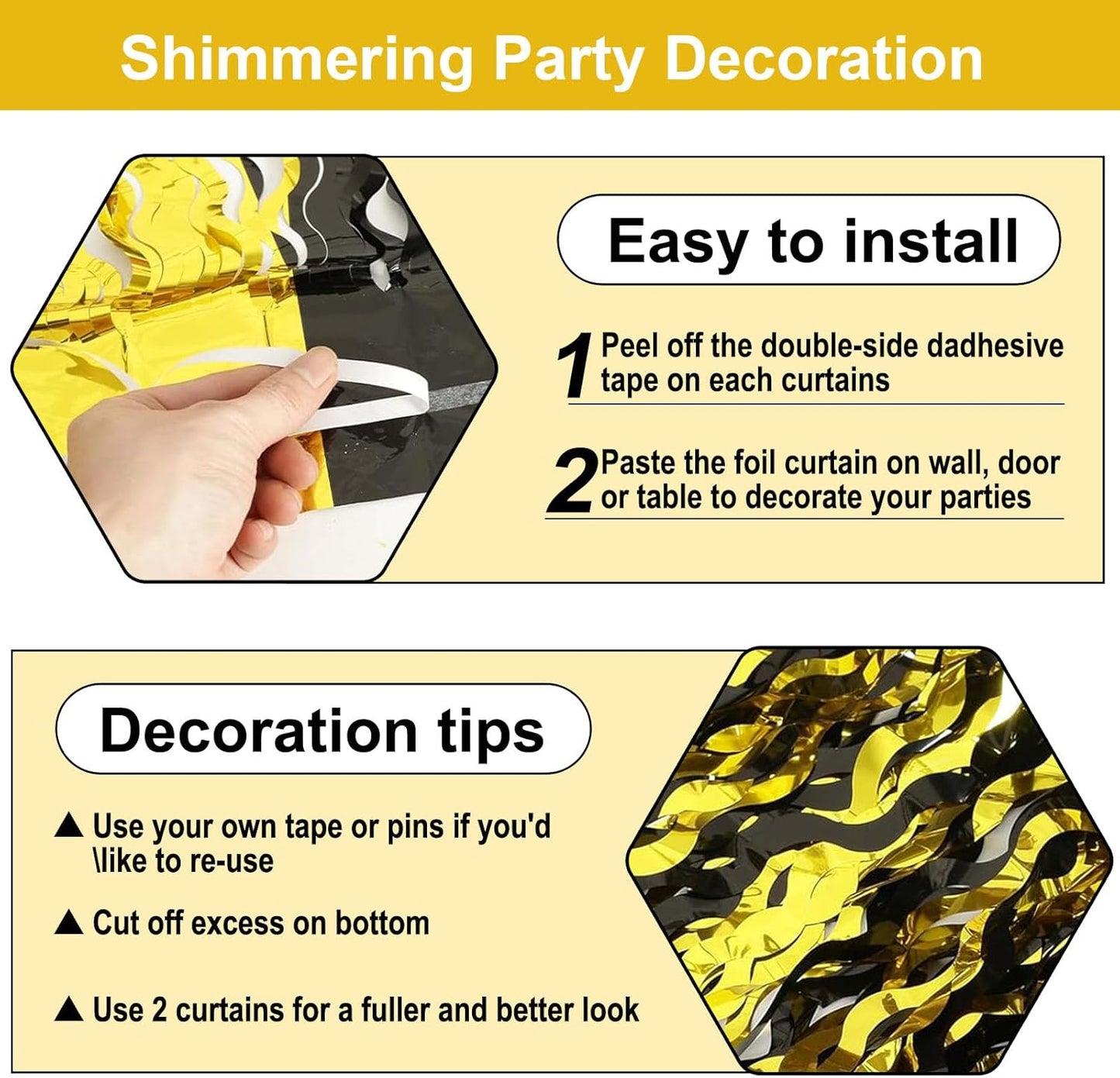 4 Pack Black Gold Wave Foil Fringe Curtain Backdrop, 3.28Ft x 8.2Ft Metallic Tinsel Foil Fringe Streamer Curtains for Photo Booth, Mother's Day, Easter, Birthday, Wedding Party Decoration