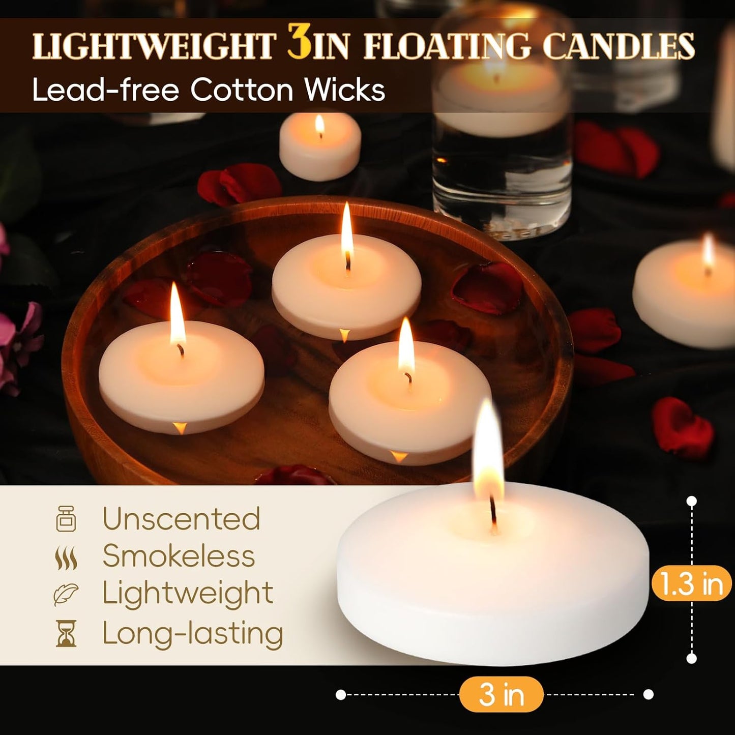 3 inch White Floating Candles, 60 Pack Unscented 3” Floating Candles for Centerpieces,8-9 Hours Water Activated Candle Bulk for Cylinder Vases Wedding Pool