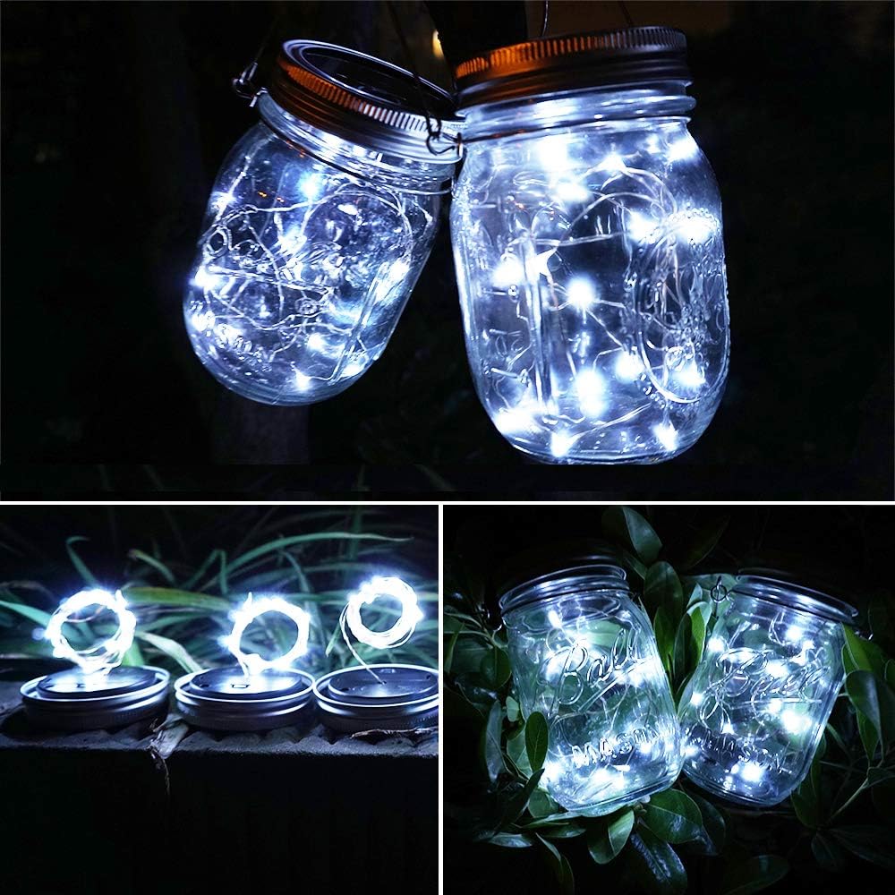 SunKite Solar Mason Jar Lights [Updated], 8 Pack 20 LED Waterproof Fairy Firefly Jar Lids String Lights with Hangers(NO Jars), Patio Yard Garden Wedding Decoration - Cool White