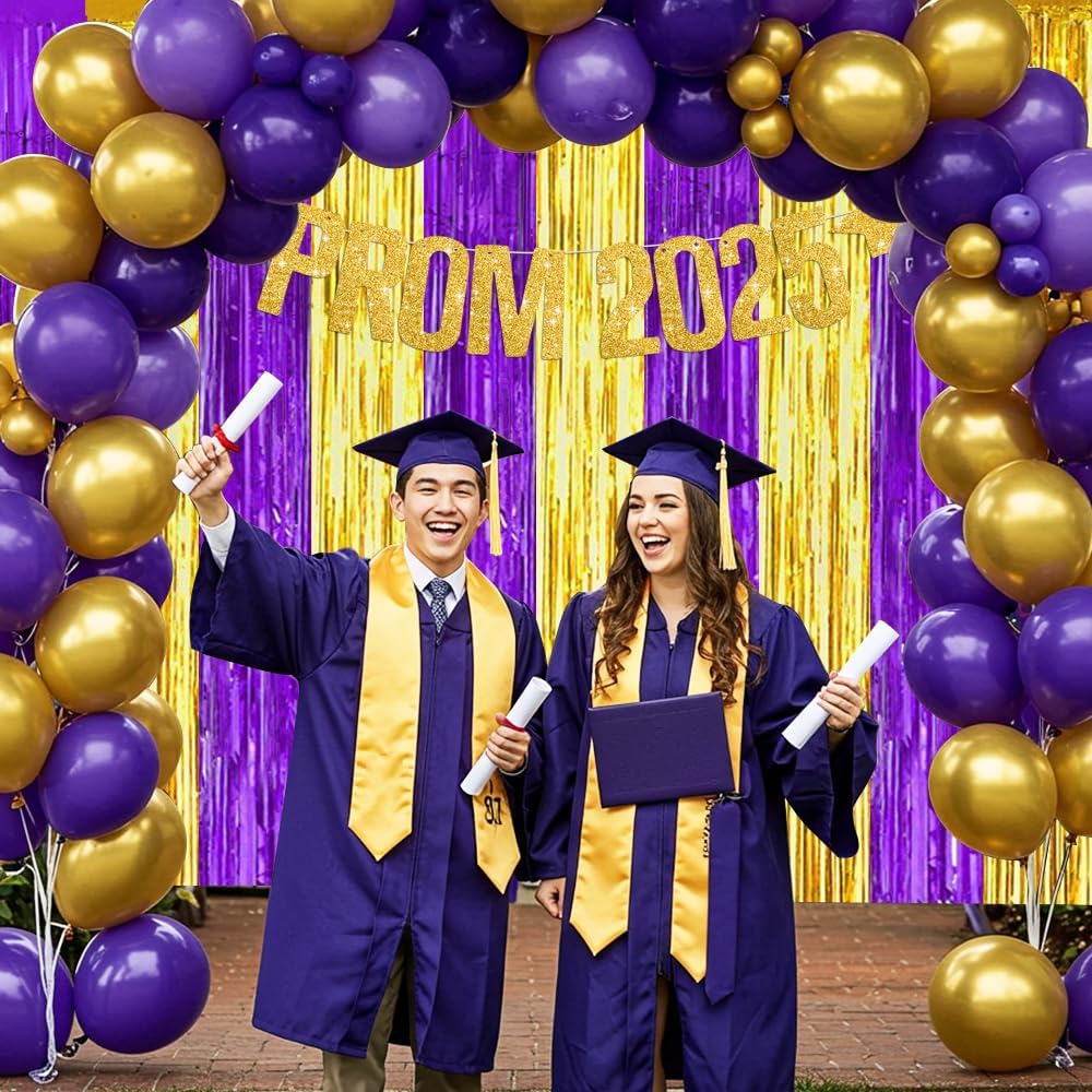 BEISHIDA 2Pcs Purple Gold Door Streamers Congrats Grade 2025 Decoration Backdrop Foil Fringe Tinsel Party Streamers Curtains for Birthday Graduation Mardi Gras Lakers Decoations (3.28 ft x 6.56 ft)