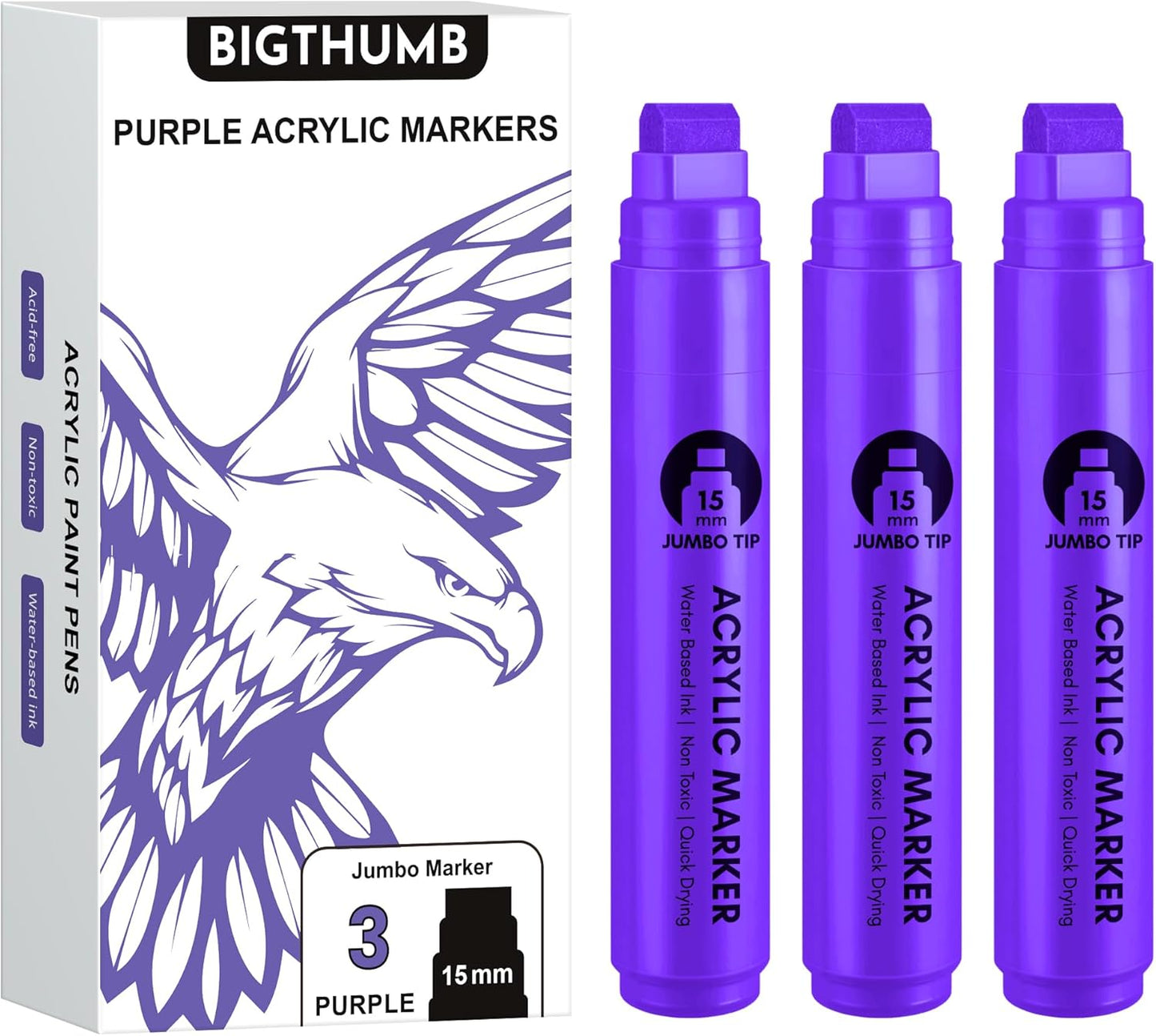 3 Pcs Purple Jumbo Permanent Markers: 15mm Wide Tip Thick Acrylic Paint Pen Large Calligraphy Marker for Rock Painting, Poster, Sign, Canvas, Glass, Wood, Ceramic