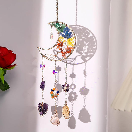 TUOKING Colorful Crystal Moon Suncatchers for Window Hanging Tree of Life Natural Healing Stones Wind Chimes Sun Catcher Rainbow Maker Good Luck Gifts Decor for Home Garden