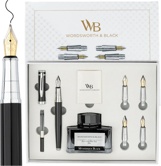 Wordsworth & Black Fountain Pen Gift Set, Includes Ink Bottle, 6 Ink Cartridges & A Refill Converter, 4 Replacement Nibs, Premium Package, Journaling, Calligraphy, Smooth Writing Pens [Black Chrome]