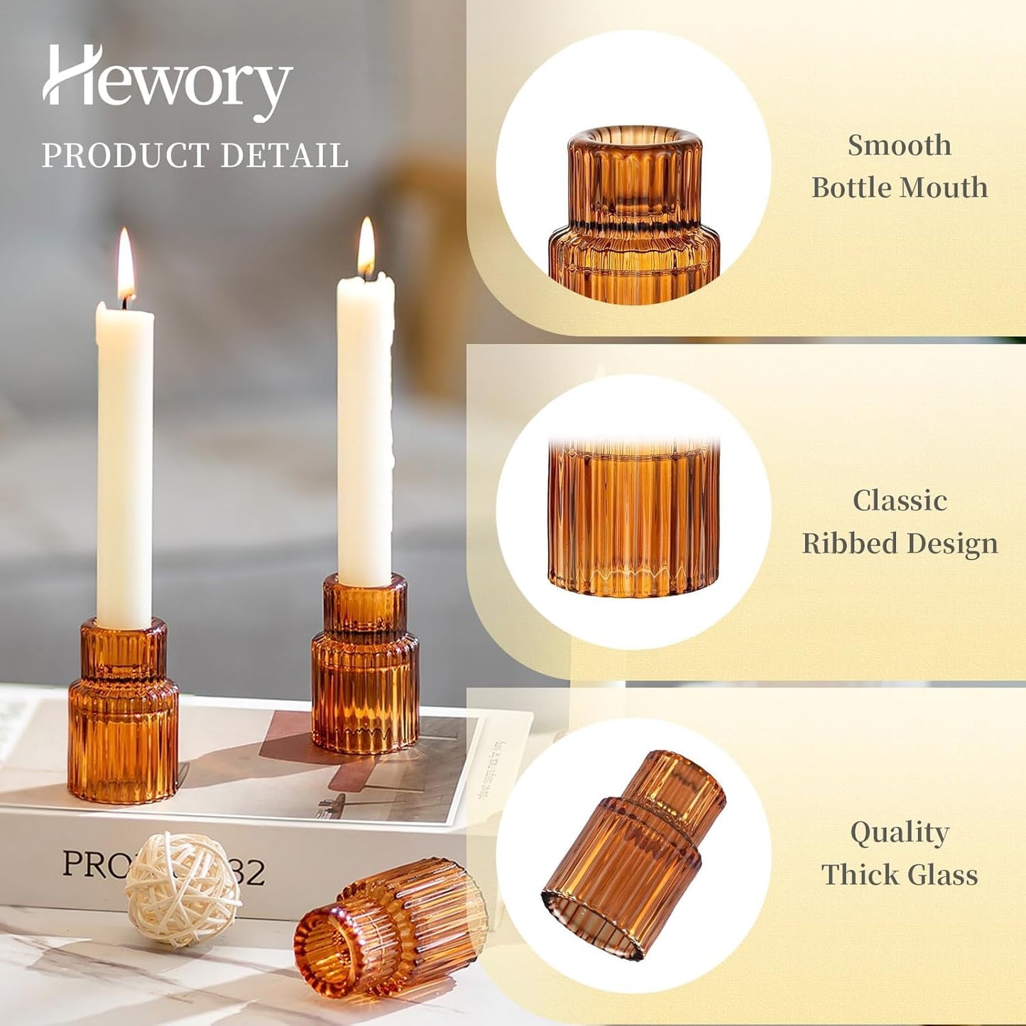 Hewory Glass Taper Candle Holders: 2PCS Amber Elegant Candle Holder Candlestick Holders Bulk, Ribbed Glass Candle Holder Candle Sticks Holder Decor for Table Centerpiece Fall Thanksgiving Home Decor