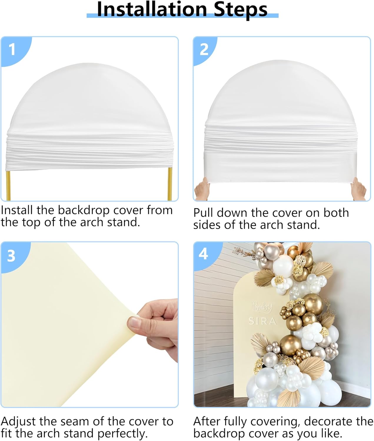 HEMMOTOP White and Light Beige Arch Backdrop Cover 7.2 ft, 6ft, Wedding Arch Covers Stretchy Backdrop 2 Set, Double Color Spandex Arched Background for Birthday Party, Baby Shower