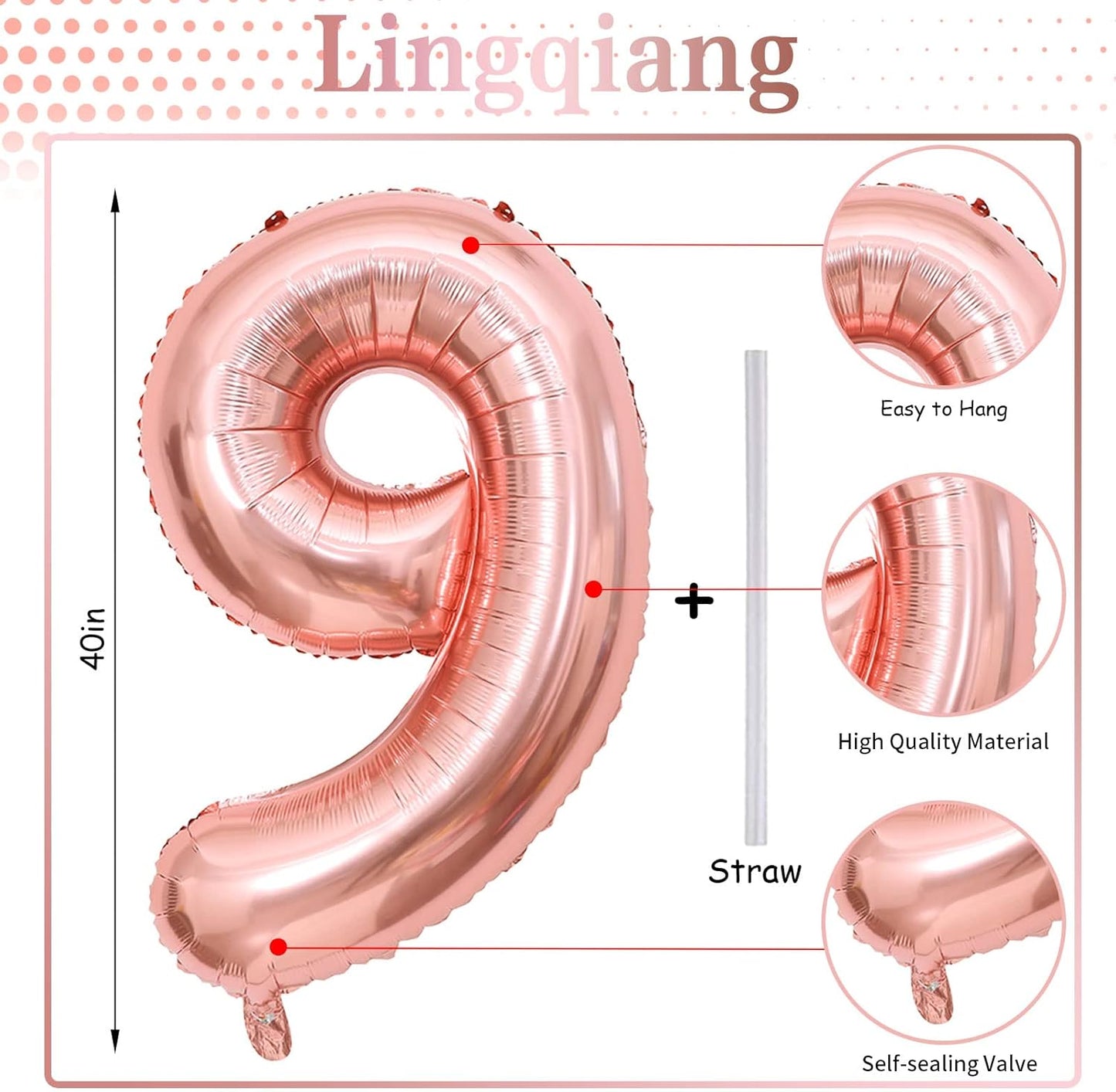 40 Inch Rose Gold Large Numbers Balloons 0-9, Self Inflating Foil Number 9 Helium Balloons for 9th Girls, Big Digit 9 Balloons for Women Birthday Party Anniversary Graduation Supplies Decorations