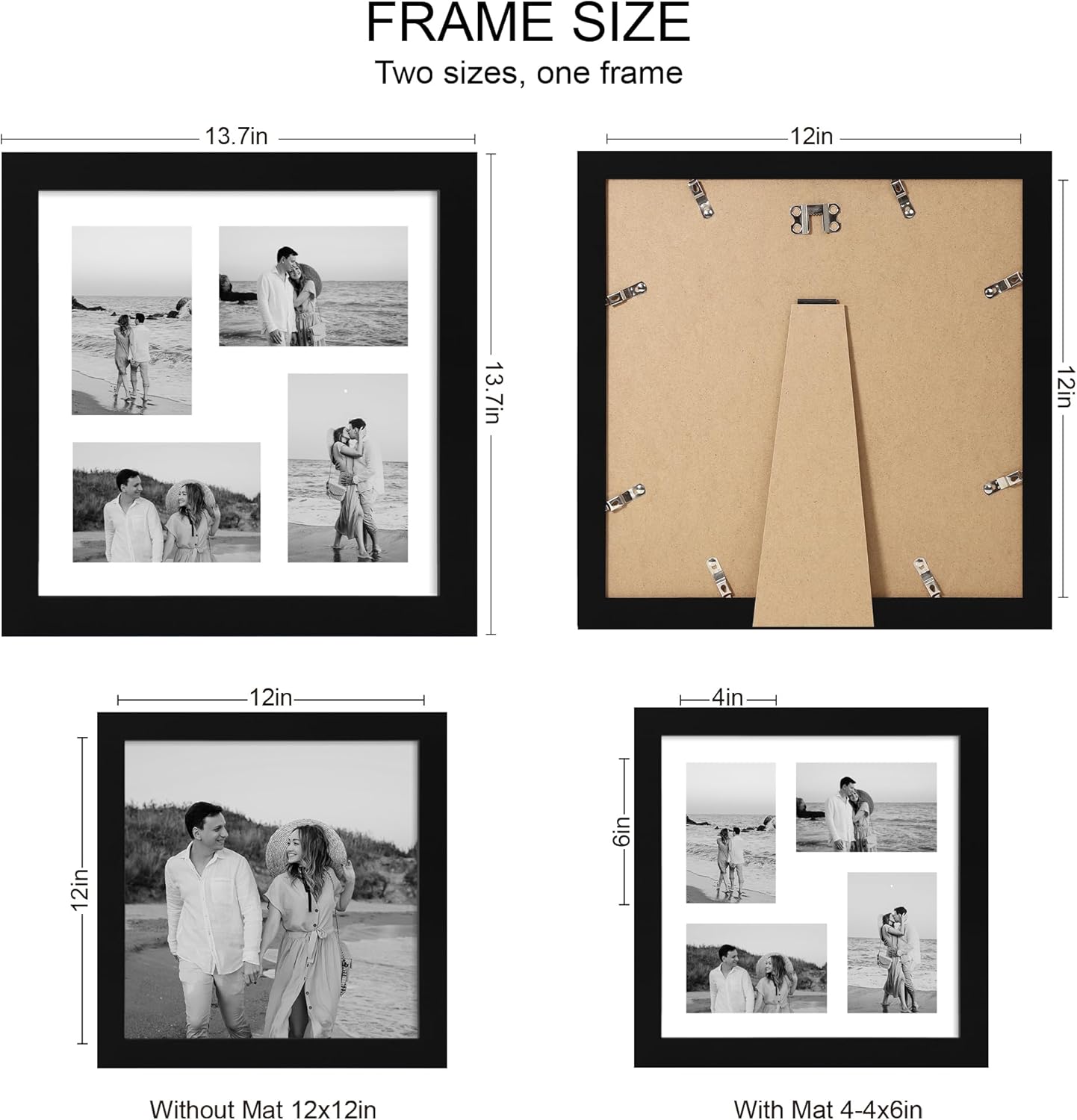 12x12 Picture Frame Set of 2, Black Wood Frame with Glass Collage Frame, Display Pictures 4-4x6 With Mat or 12 x 12 Without Mat, Square Photo Frames Collage for Wall Hanging or Tabletop