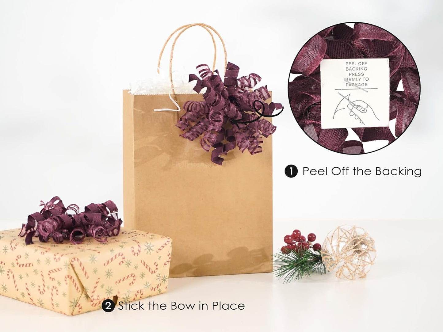 HUIHUANG Christmas Bows for Gift Wrapping Burgundy Curly Gift Bow 5 inch x 8 Counts Wine Red Self-Adhesive Xma Bows for Presents, Paper Bag, Party Favors, Wrapping Accessories