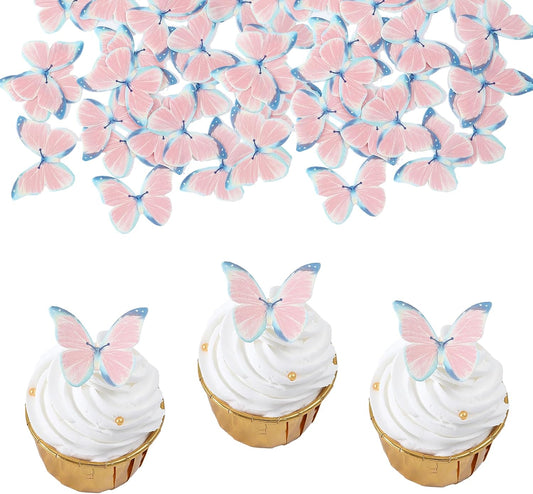 YOcity 48Pcs Edible Butterflies Cake Toppers - Wafer Paper Cupcake Decorations for Wedding, Birthday Party - BLUE