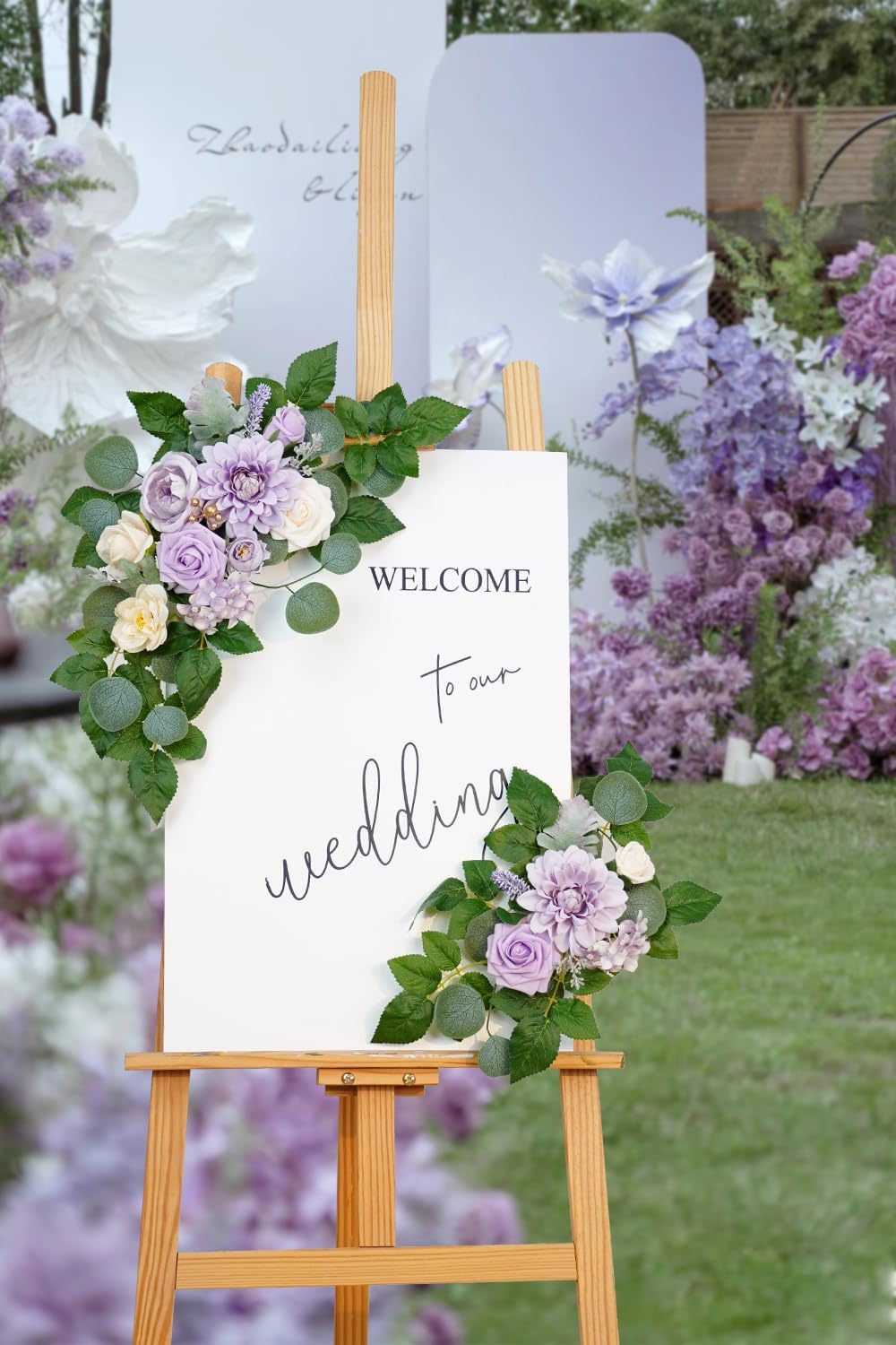 WEIERYUE(Pack of 2 Artificial Flowers Decorations,Artificial Arch Backdrop Garlandfor Ceremony Party Reception Entrance Welcome Easel Door Floral Decor Wall Home Entryway Outdoor(Cream Purple)