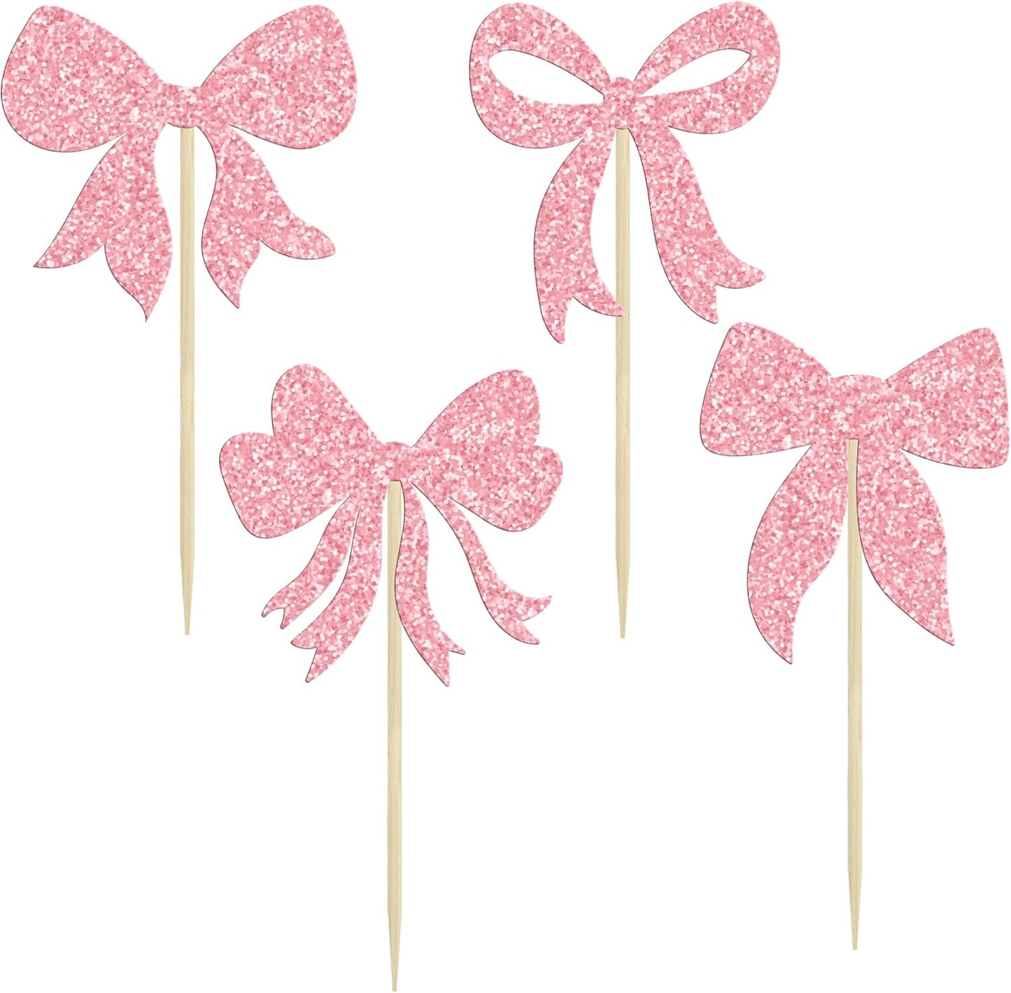 Gyufise 36Pcs Bow Cupcake Toppers Glitter Girls Birthday Decorations Bowknot Cupcake Picks Bow Tie Birthday Decorations Bow Cake Toppers for Bridal Baby Shower Bachelorette Party Supplies Pink