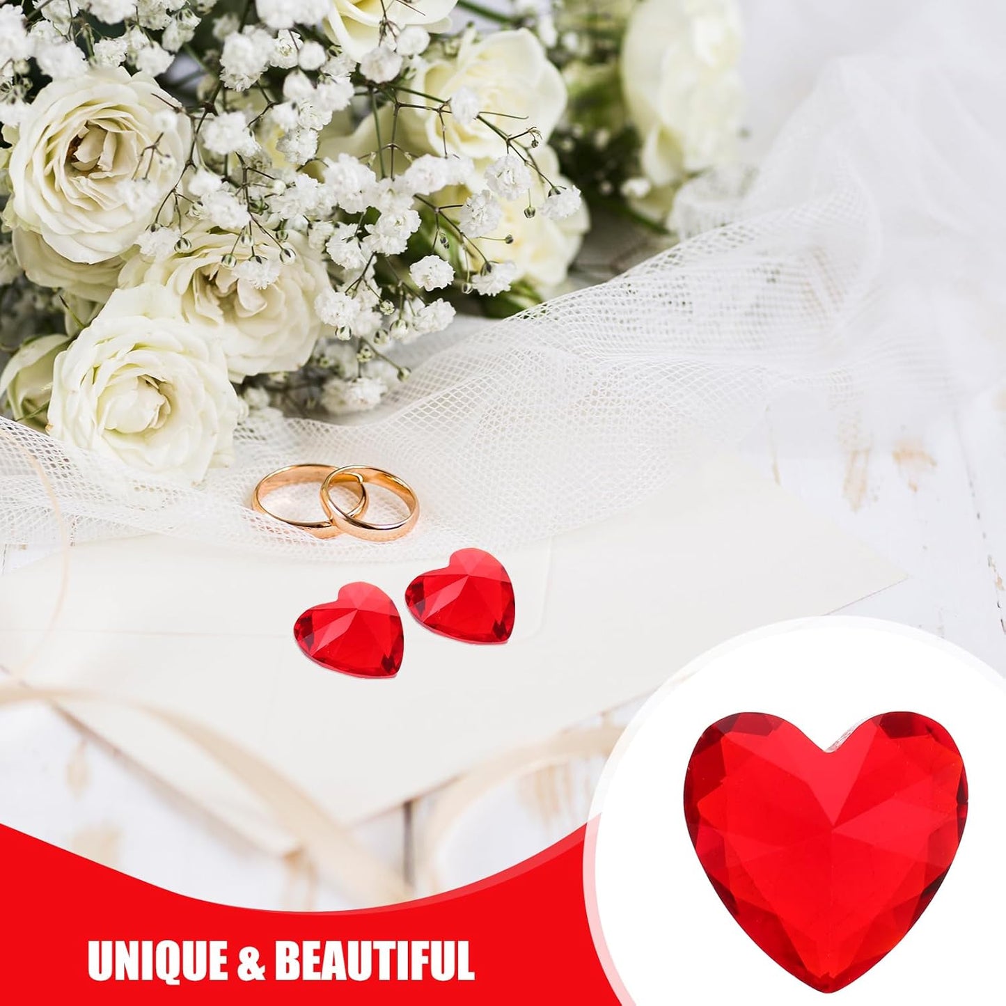 HEALLILY 20pcs Glass Red Heart Crystals Rhinestones Diamonds Valentines Day Wedding Table Scatter Confetti Vase Fillers