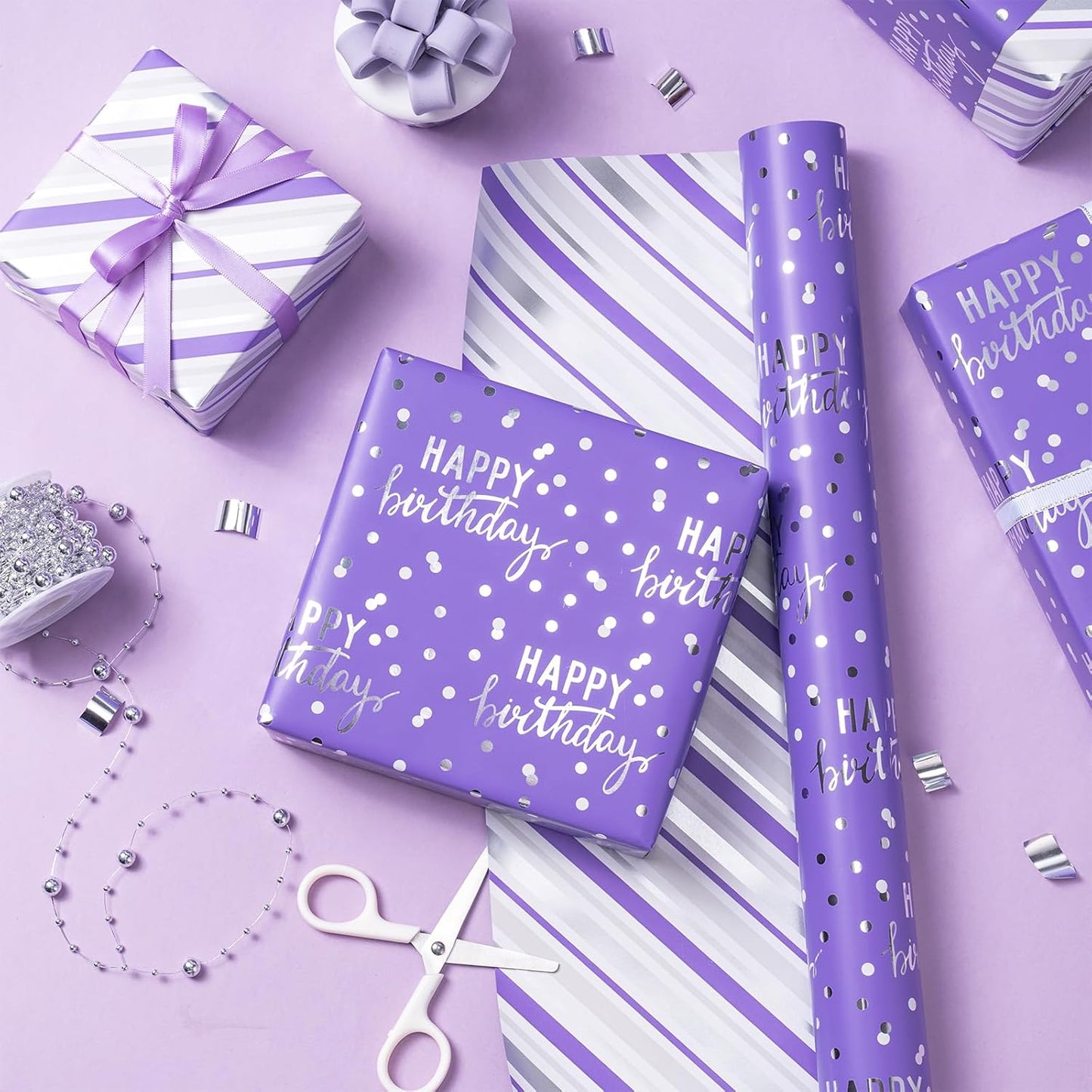 LeZakaa Reversible Purple Birthday Wrapping Paper Roll for Girls Women, Happy Birthday Lettering & Stripe Pattern with Metallic Foil in Purple, Mini Roll, 17 inches x 32.8 Feet (46.45 sq.ft.)