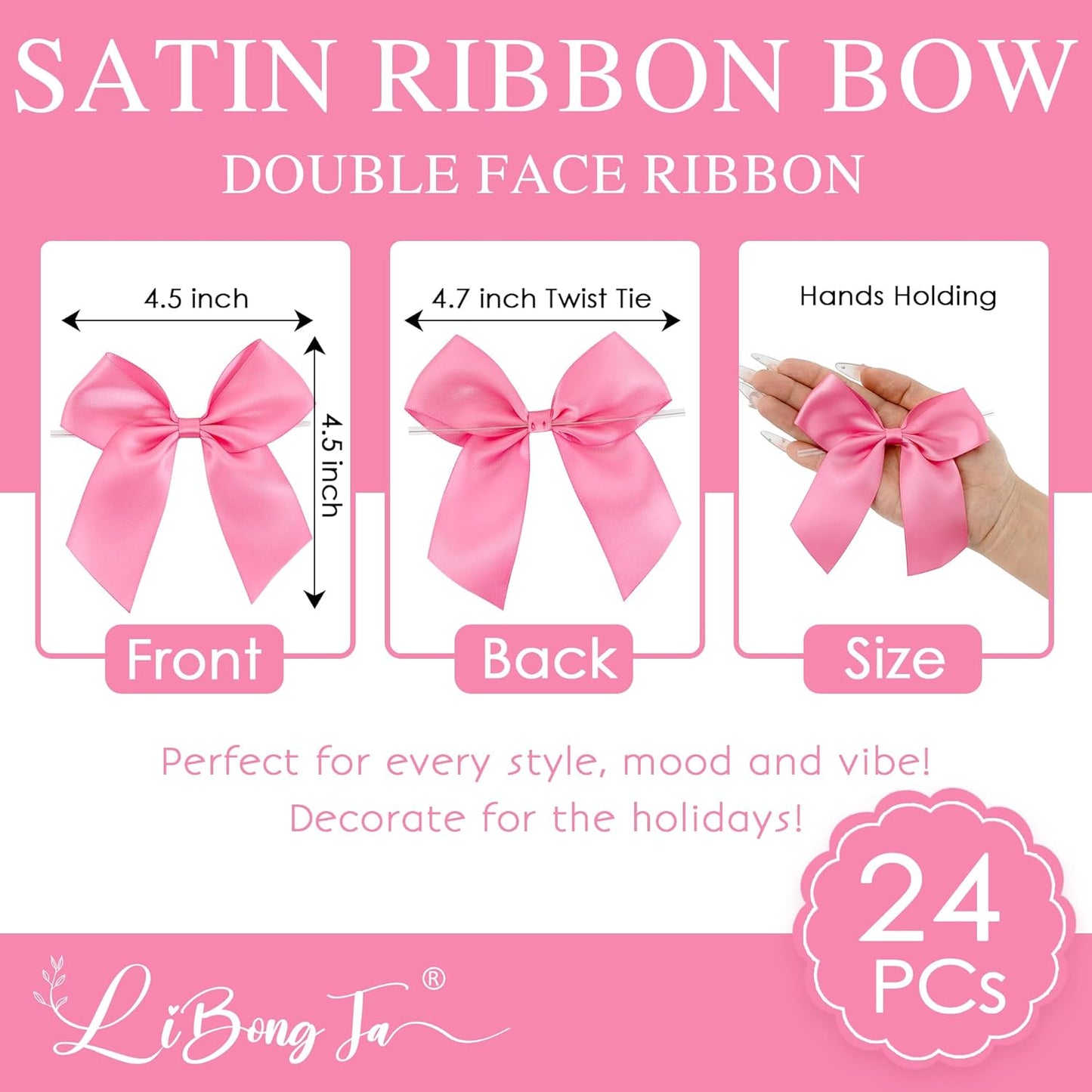 4.5" Satin Ribbon Hot Pink Bows for Gift Wrapping, Twist Tie Bows, Cute Bows for Crafts, Party Favors, Premade Bows Pre-Tied Decorative Bows for Flower Bouquets Candy Apple Bows-24 Counts