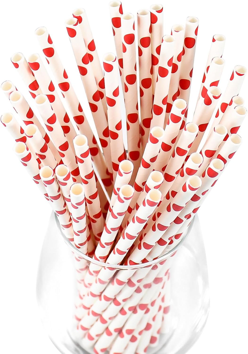 7.75'' x 0.24'' Red Polka Dots Disposable Paper Straws for Drinking, Compostable, 100 Counts - for Cocktail, Soda, Juice, Milk, Water