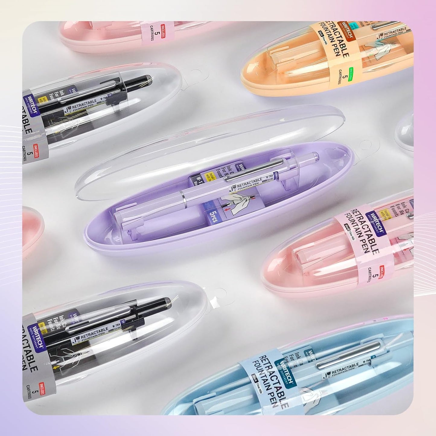 WRITECH Fountain Pen Fine Nib: Retractable Black Ink Pens Set Includes 5 Ink Cartridges Smooth Writing for Calligraphy Sketching Journaling Gift (Purple)