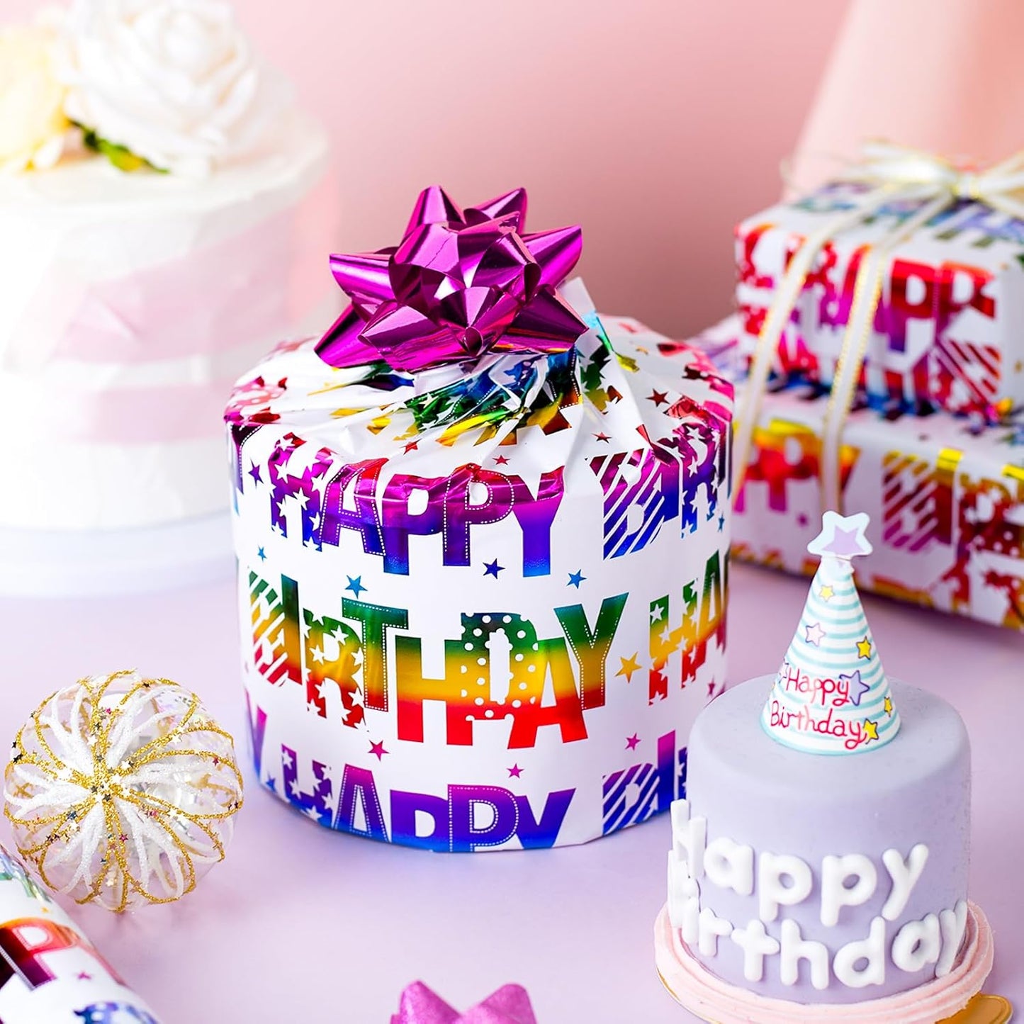 Yarcony Birthday Wrapping Paper Roll, Gift Wrapping Paper, Colorful Foil Girl Happy Birthday Gift Wrap Rainbow Present Paper for Kids Boys Girls, Holiday,Party,Baby Shower(17 Inch X 33 Feet)