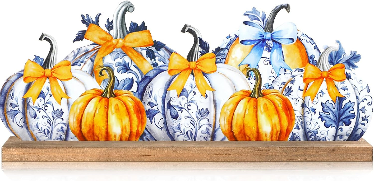 Fall Pumpkin Metal Sign Chinoiserie Pumpkin Table Decor Thanksgiving Tiered Tray Decor with Wooden Base Freestanding Metal Word Sign for Home Tabletop Centerpiece Mantel Shelf Fireplace