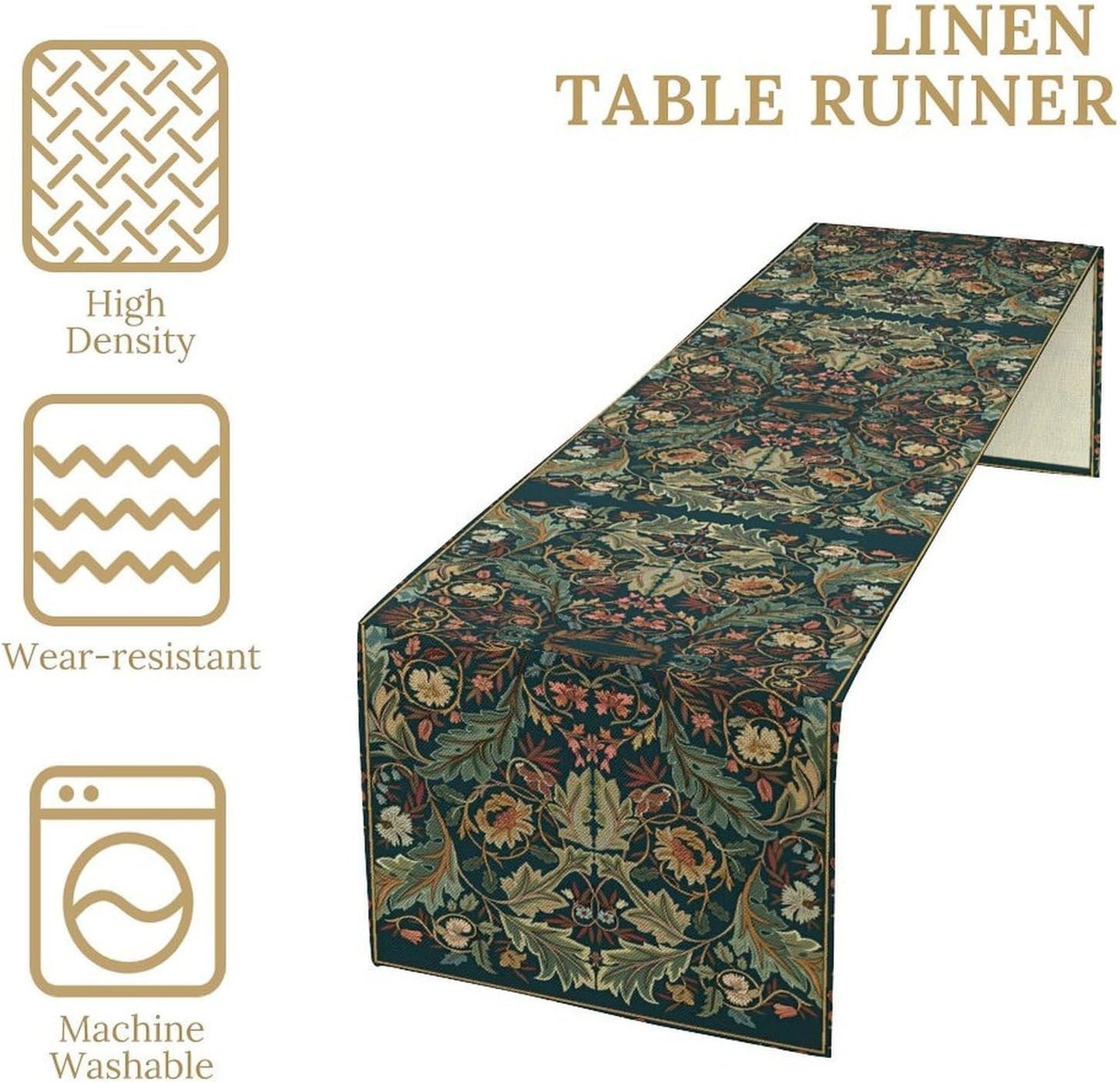 Green Morris Floral Table Runner, Boho Rustic Country Farmhouse Teal Red Rose Pattern for Home Kitchen Table Decor Dining Coffee Room Party Decor 13x108in