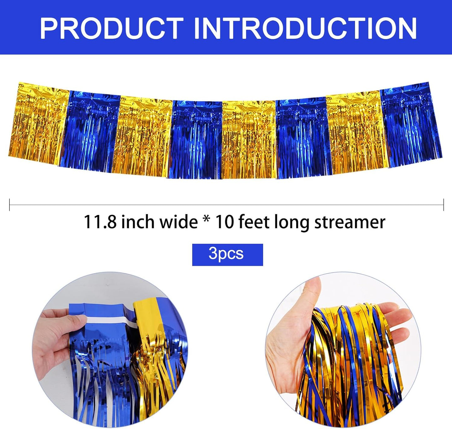 BEISHIDA 3 Packs Metallic Foil Fringe Garland Blue Gold Wall Hanging Tinsel Fringe Banners for Car Floats Bridal Shower Wedding Birthday Easter Graduation Holiday Party Decoration(30 Feet)