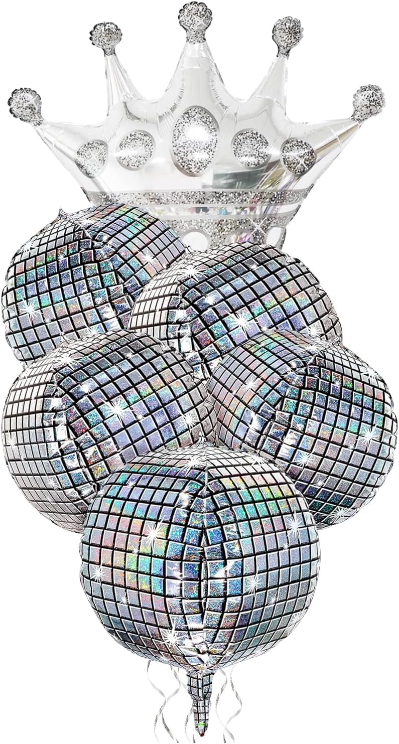 Holographic Mirror Disco Ball Set, 18-Inch Glass Tiles, Party Decoration with Silver Crown Balloon