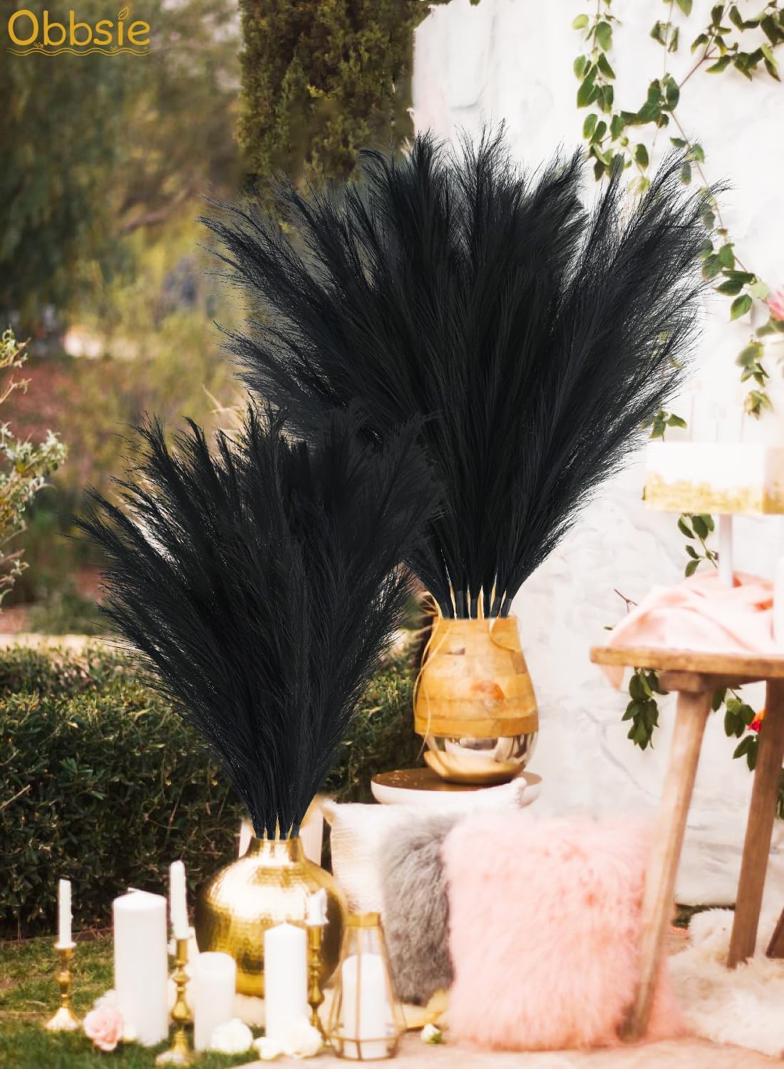 35" Faux Pampas Grass Decor, 8pcs Large Tall Fluffy Artificial Pompous Grass Branches Floral Fake Pompas Grass Bulrush Floor Vase Filler Flower Arrangement for Home Wedding Boho Decor Black