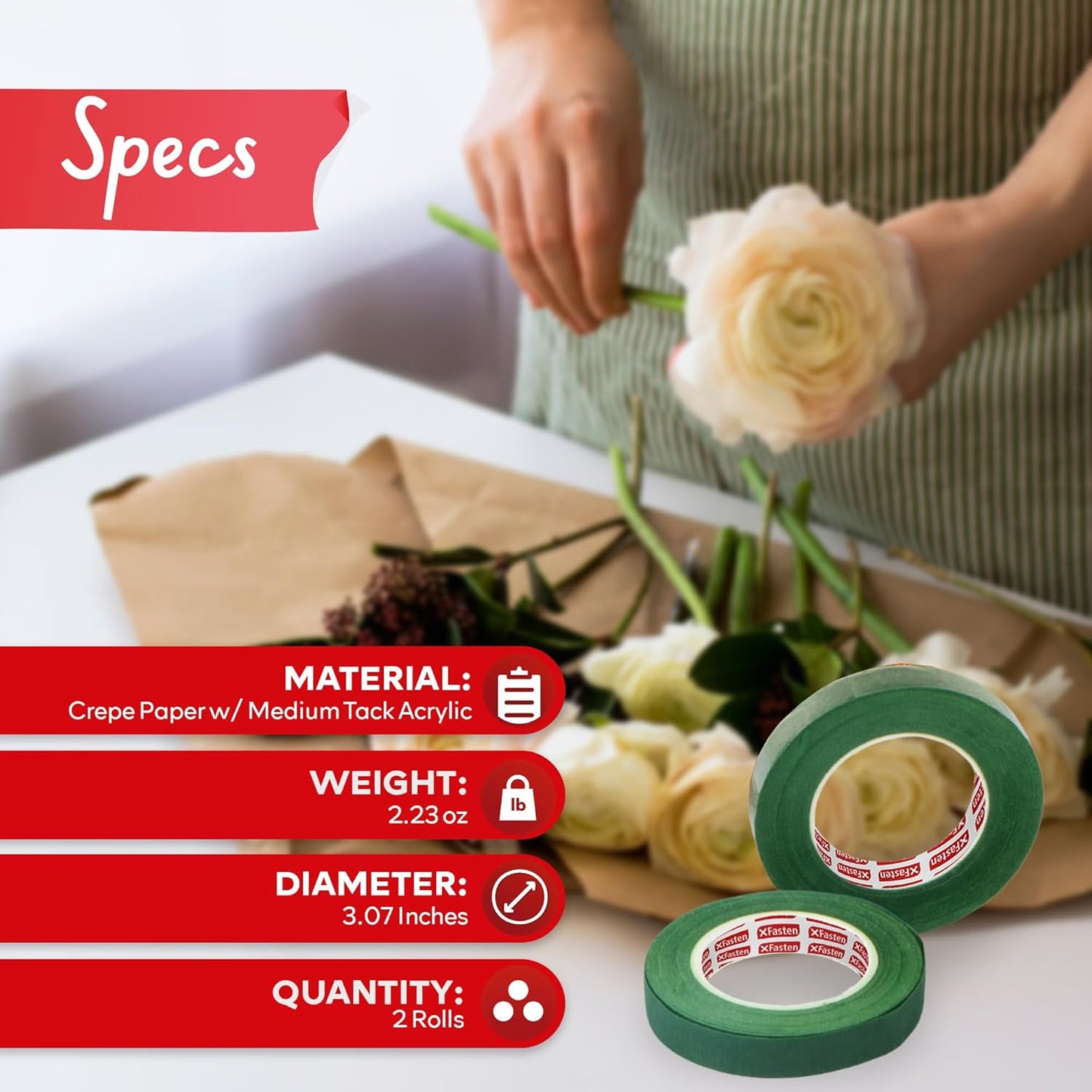 XFasten Wide Floral Tapes for Bouquet 1/2-Inch x 30 Yards - Dark Green (2-Pack) Bouquet Stem Wrap Tape for Florist – Waterproof Boutineer Tape for Flower Stem Wrap and Craft Adhesive